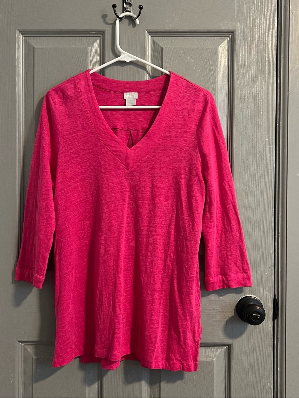 Chico's Bright Hot Pink Linen V-Neck 3/4 Sleeve Top Casual Travel Size 1